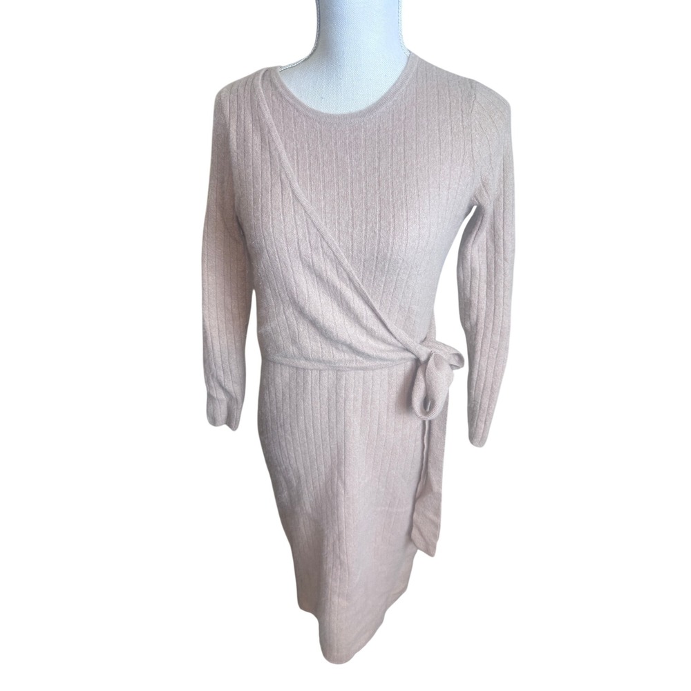 Antonio Melani Beige 100% Cashmere Wrap Sweater Dress Sz M Ribbed Knit Midi